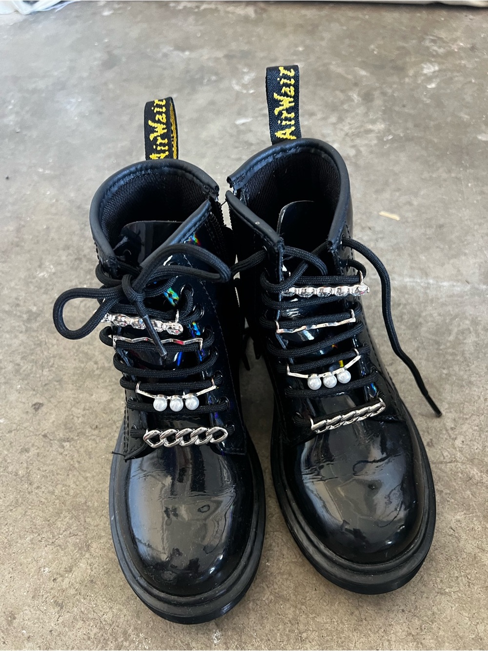 Dr. Martens Girls' Black Patent Lace-Up Boots with Pearl & Chain Accents